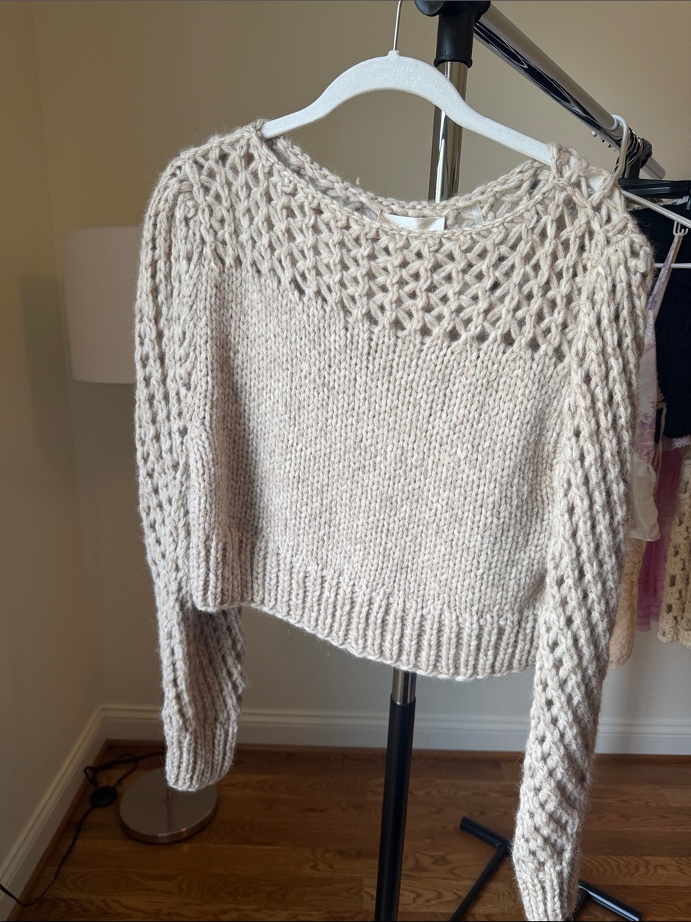 LoveShackFancy Cream Open Knit Cropped Sweater
